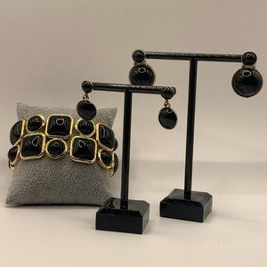 Fashion Jewelry Black and Gold Stretch Bracelet TWO Pairs of Matching Earrings